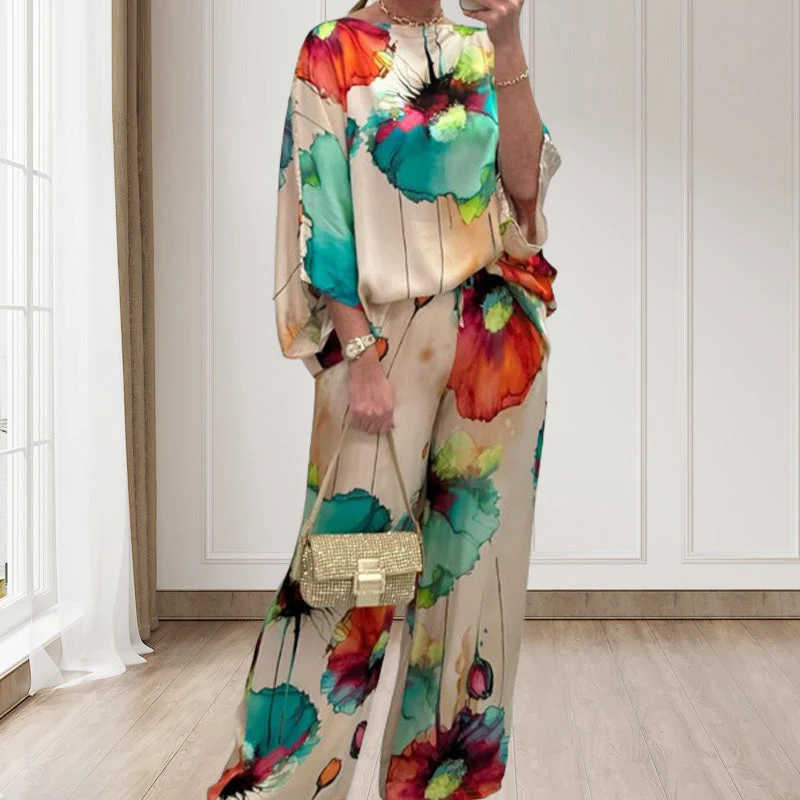 Stylish Watercolor Floral Print Loose 2-Piece Suit - Image 5