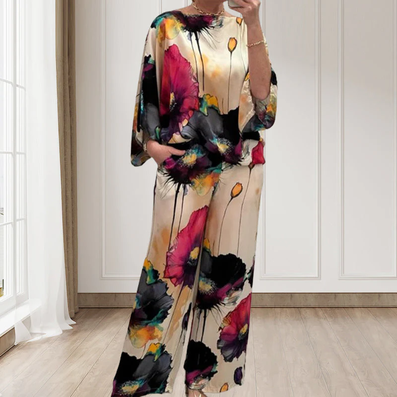 Stylish Watercolor Floral Print Loose 2-Piece Suit - Image 6