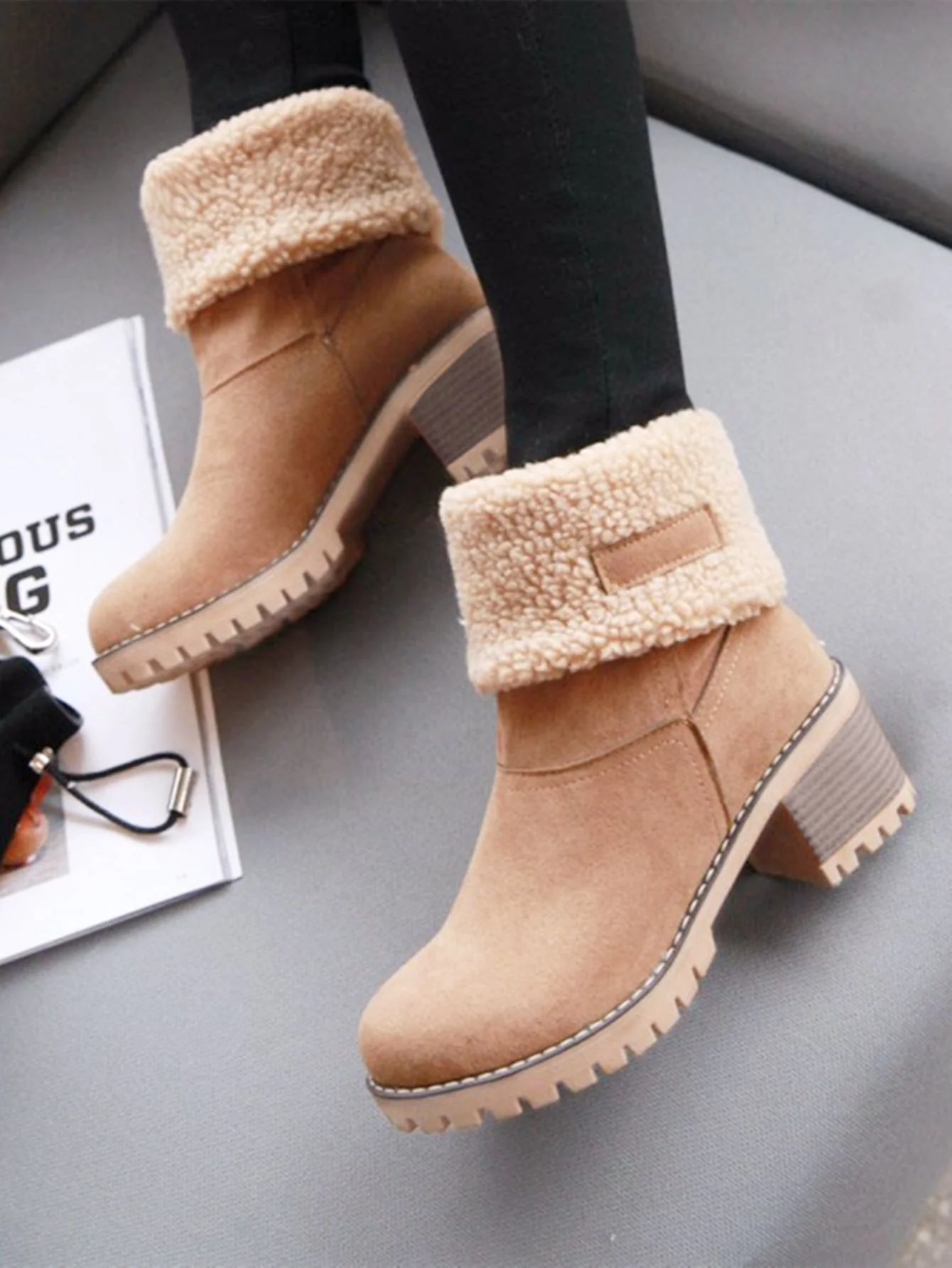 Suedette Cotton Lining Chunky Heeled Snow Boots - Image 3