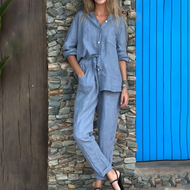 Casual Solid Color V-Neck Shirt & Pants Cotton Linen Two-Piece Set (BUY 2 FREE SHIPPING) - Image 4