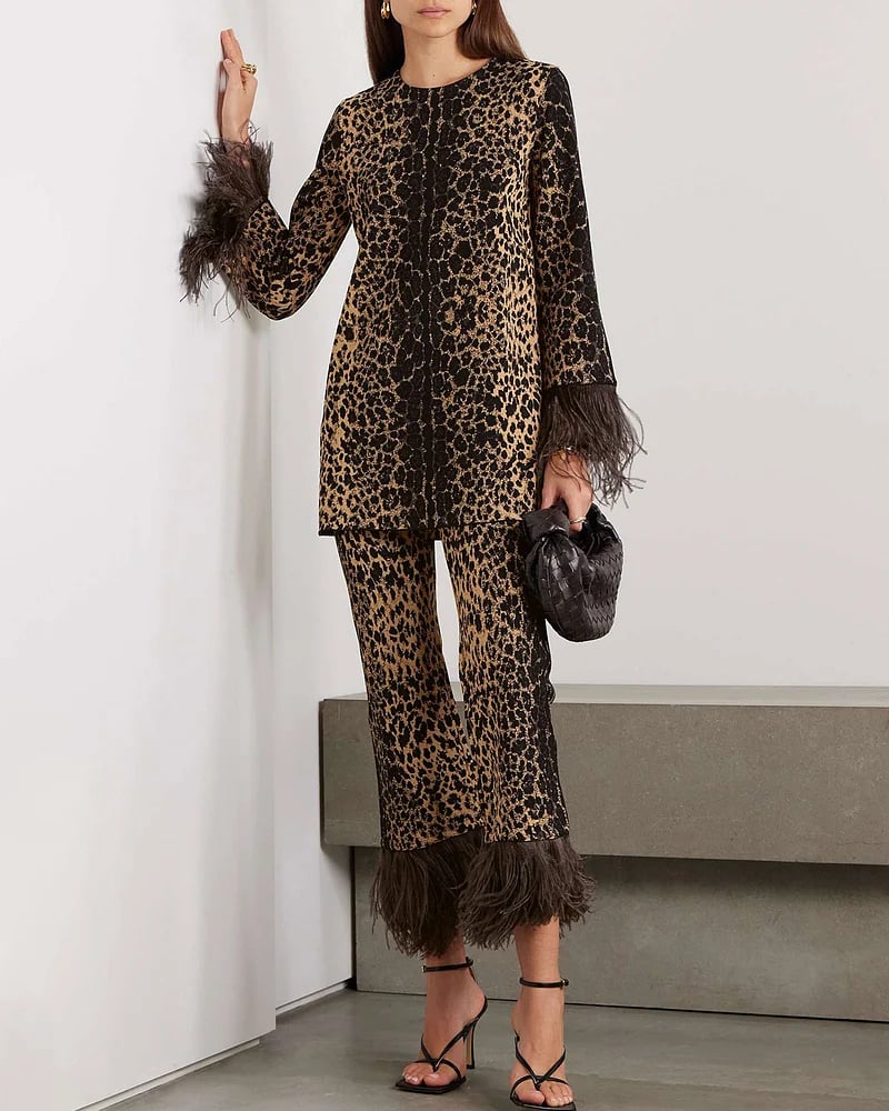 Asymmetric feather-trimmed sequin-embellished top and pants two-piece set - Image 7