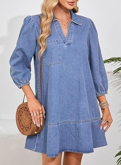 V-Neck Denim Dress-Where Comfort Meets Classic Style - Image 10