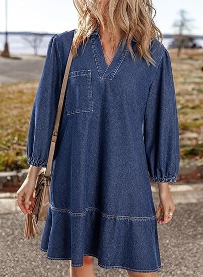 V-Neck Denim Dress-Where Comfort Meets Classic Style - Image 11