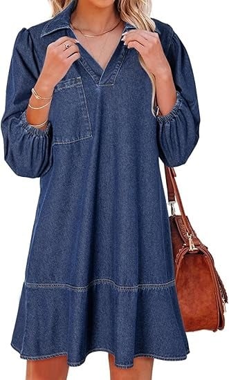 V-Neck Denim Dress-Where Comfort Meets Classic Style - Image 12