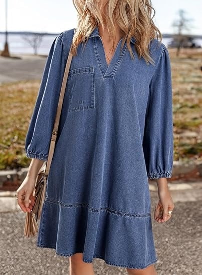 V-Neck Denim Dress-Where Comfort Meets Classic Style - Image 3