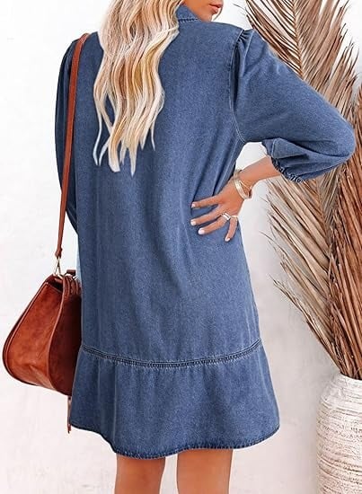 V-Neck Denim Dress-Where Comfort Meets Classic Style - Image 4