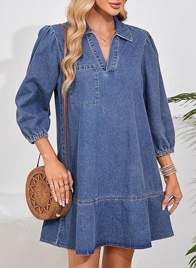 V-Neck Denim Dress-Where Comfort Meets Classic Style - Image 5