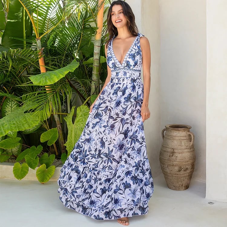 V Neck Ruffle Lace Up Printed One Piece Swimsuit And Skirt - Image 14