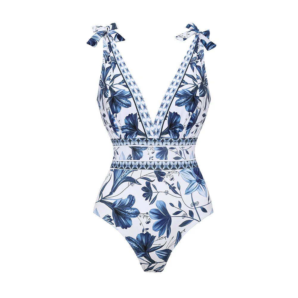 V Neck Ruffle Lace Up Printed One Piece Swimsuit And Skirt - Image 15