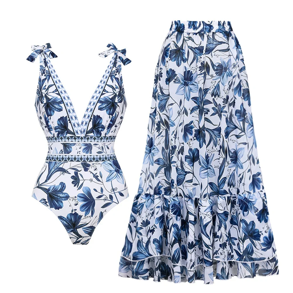 V Neck Ruffle Lace Up Printed One Piece Swimsuit And Skirt - Image 16