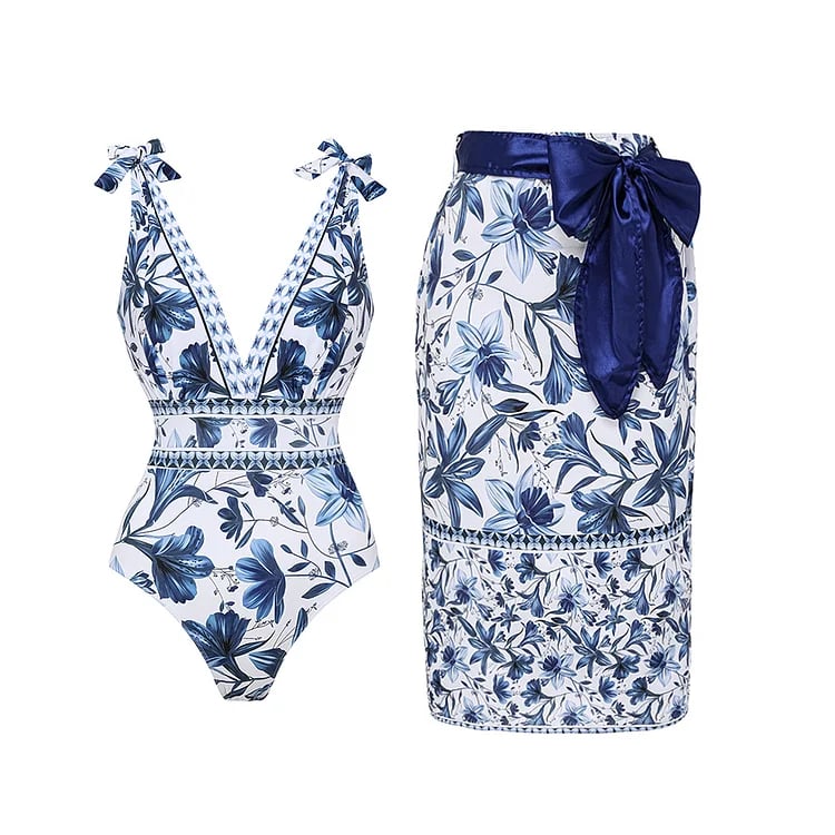 V Neck Ruffle Lace Up Printed One Piece Swimsuit And Skirt - Image 17