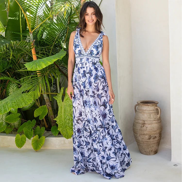 V Neck Ruffle Lace Up Printed One Piece Swimsuit And Skirt - Image 8