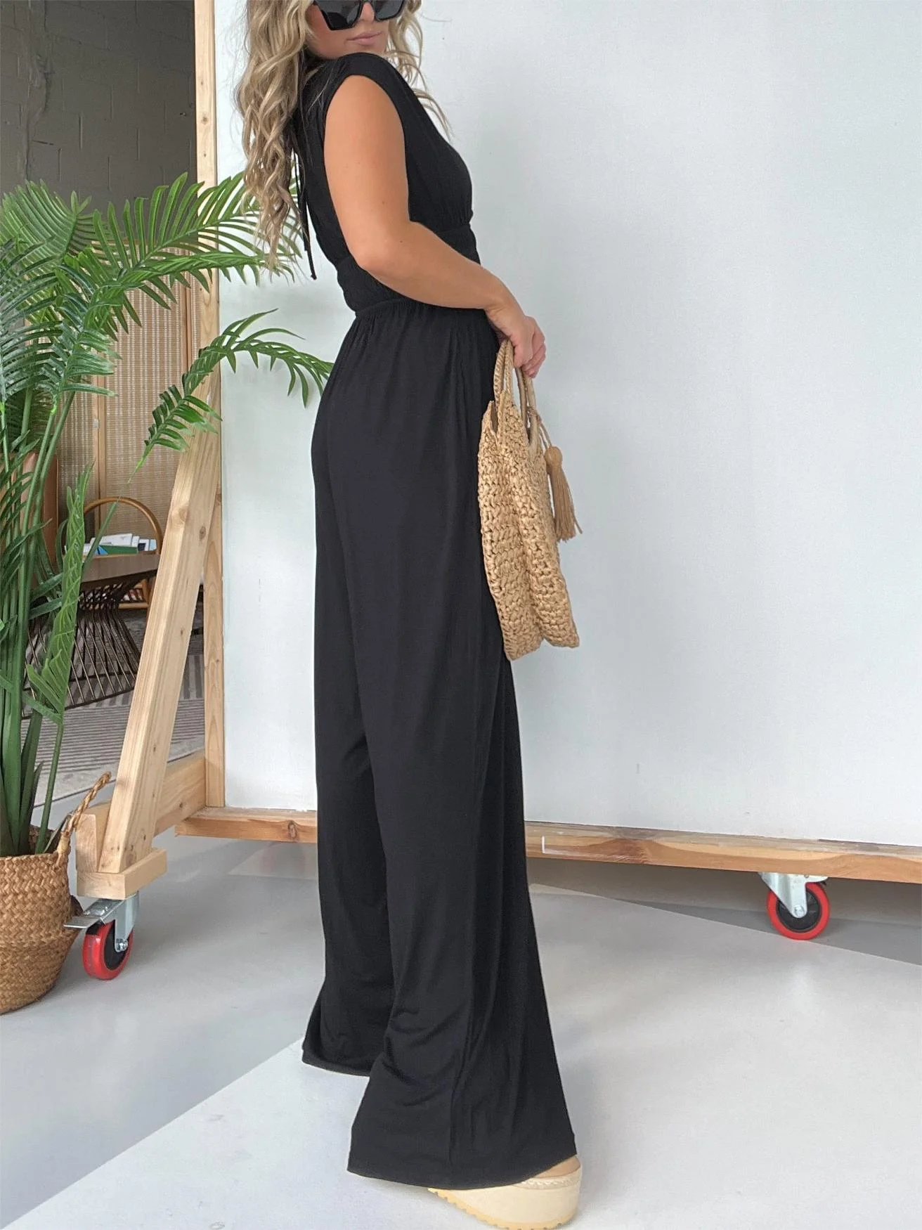 V-Neckline Wide Leg Jumpsuit with Adjustable Back Tie - Image 3
