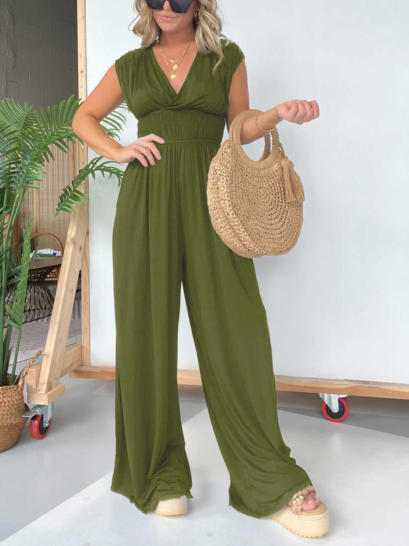 V-Neckline Wide Leg Jumpsuit with Adjustable Back Tie - Image 7