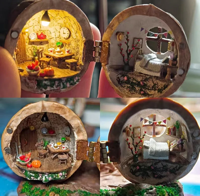 🌟NEW🌟HOT SALE🏠Handmade.Walnut Shell Doll House--mini library, tiny World inside walnuts - Image 3