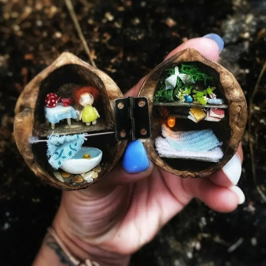 🌟NEW🌟HOT SALE🏠Handmade.Walnut Shell Doll House--mini library, tiny World inside walnuts - Image 9