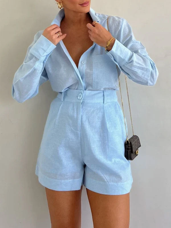 Women's Casual Linen Blouse and Shorts Set - Image 3