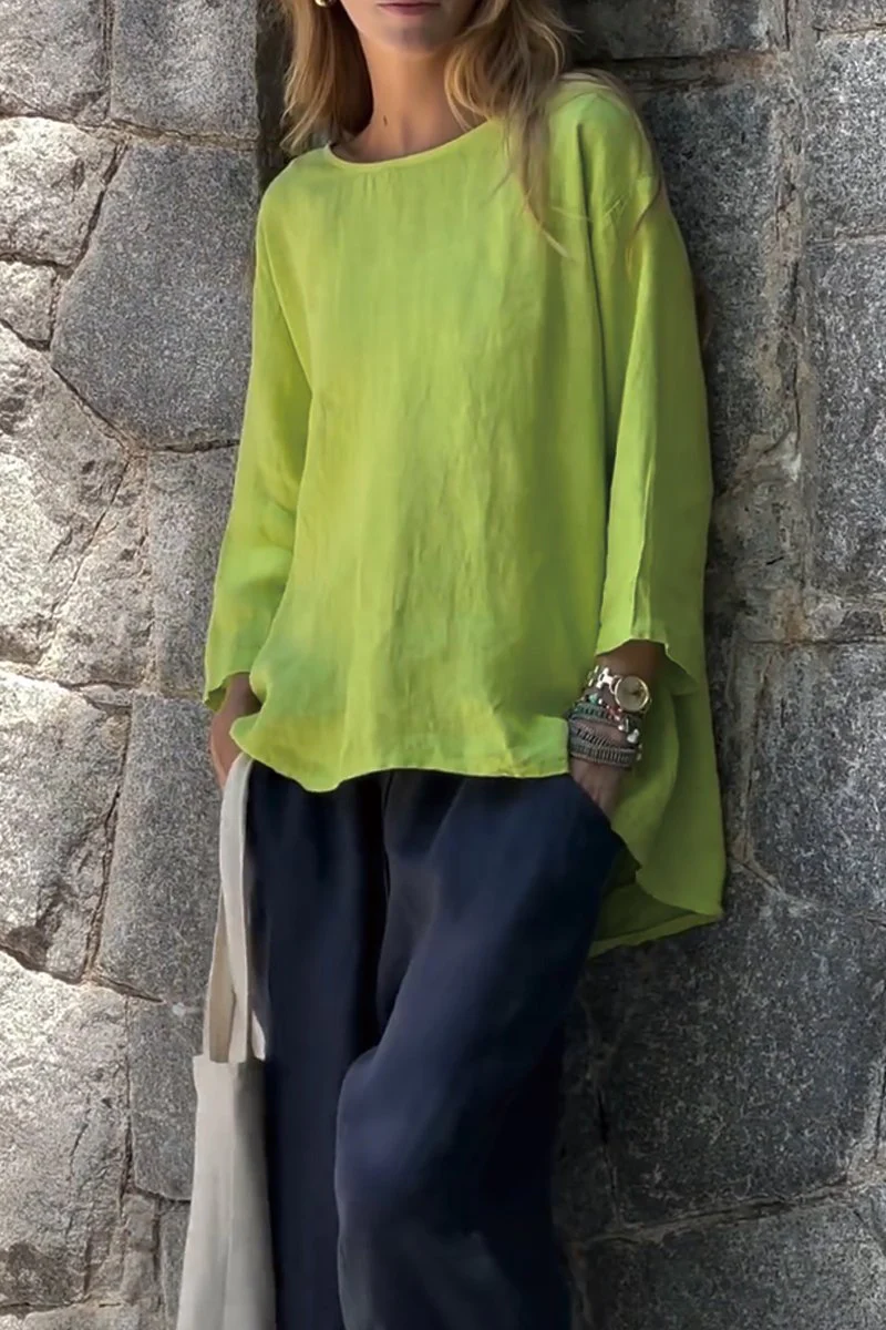 Women Solid Color Cotton And Linen Long Sleeve Shirt