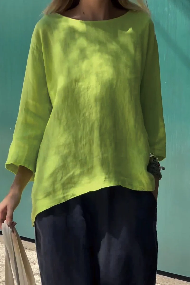 Women Solid Color Cotton And Linen Long Sleeve Shirt - Image 2