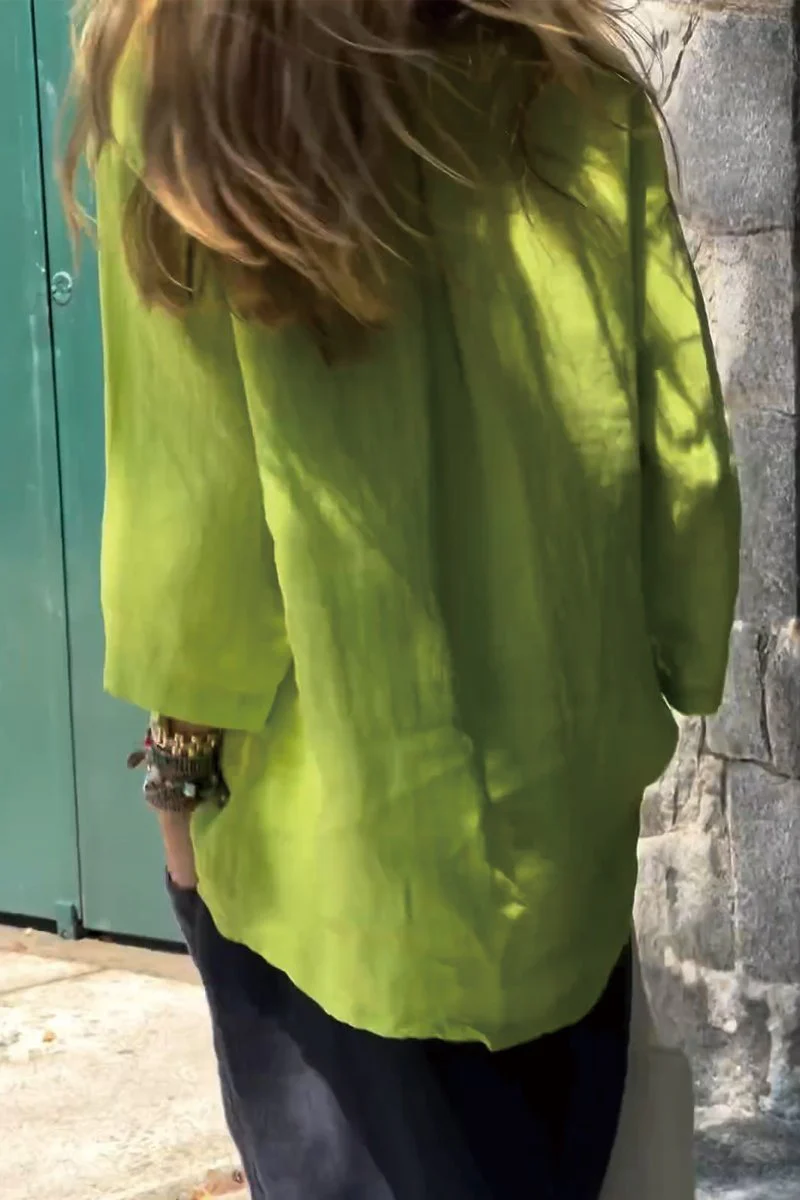 Women Solid Color Cotton And Linen Long Sleeve Shirt - Image 3
