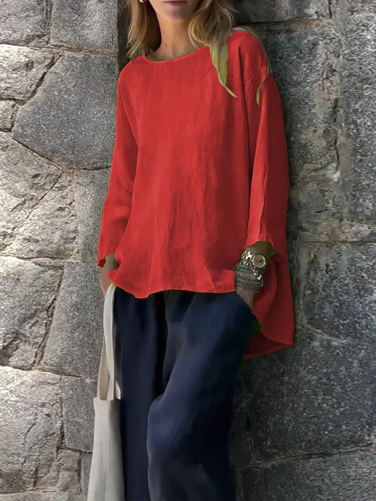 Women Solid Color Cotton And Linen Long Sleeve Shirt - Image 4