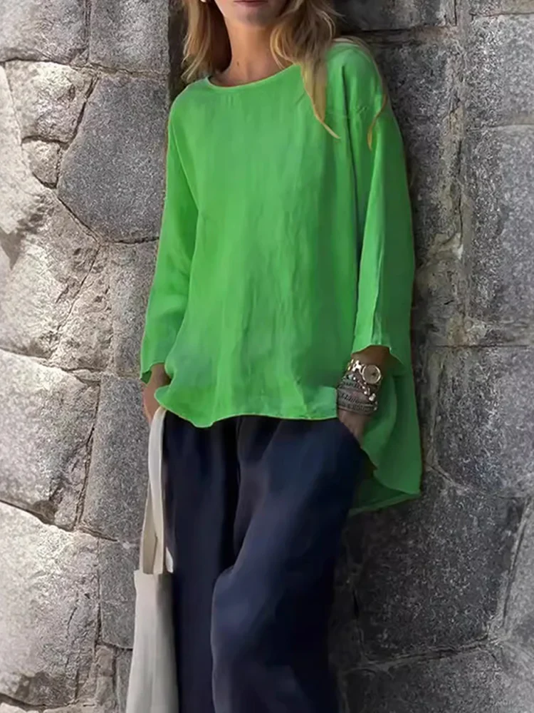 Women Solid Color Cotton And Linen Long Sleeve Shirt - Image 6