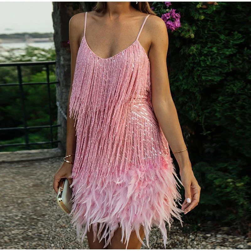 Women's Feather Fringe Sequin Spaghetti Strap Dress - Image 3