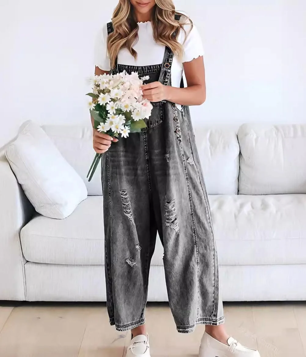 Women's Loose Fit Adjustable Strap Distressed Denim Bib Overalls (BUY 2 FREE SHIPPING) - Image 10