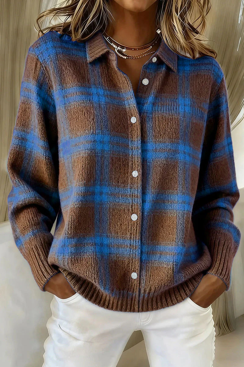 Women's Plaid Print Casual Cotton Buttoned Cardigan Sweater - Image 6