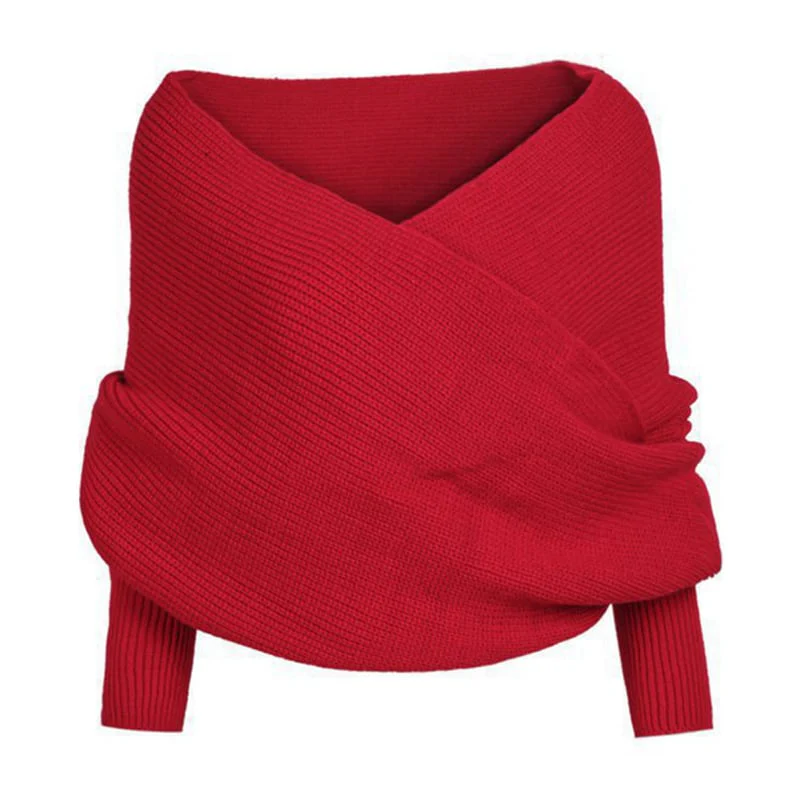 Women's Scarf with Sleeves Knit Wrap Sweater Cozy Crochet Cropped Shawl - Image 12