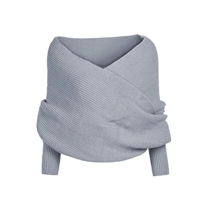 Women's Scarf with Sleeves Knit Wrap Sweater Cozy Crochet Cropped Shawl - Image 14