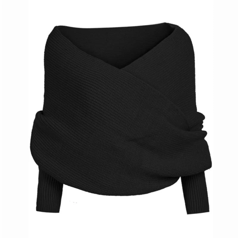 Women's Scarf with Sleeves Knit Wrap Sweater Cozy Crochet Cropped Shawl - Image 9