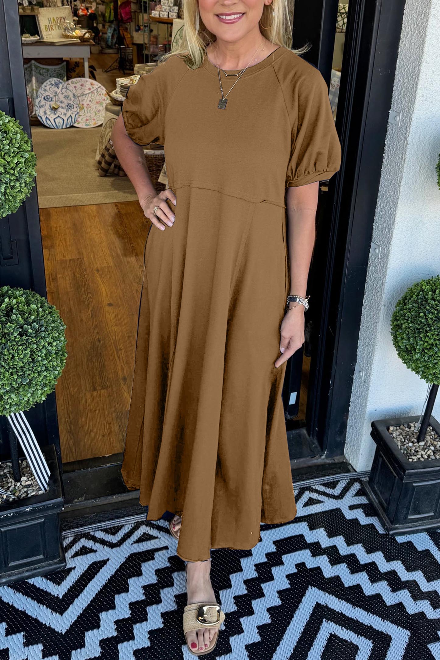 🔥Women's Solid Color Puff Sleeve Round Neck Long Dress(Buy 2 Free Shipping) - Image 11