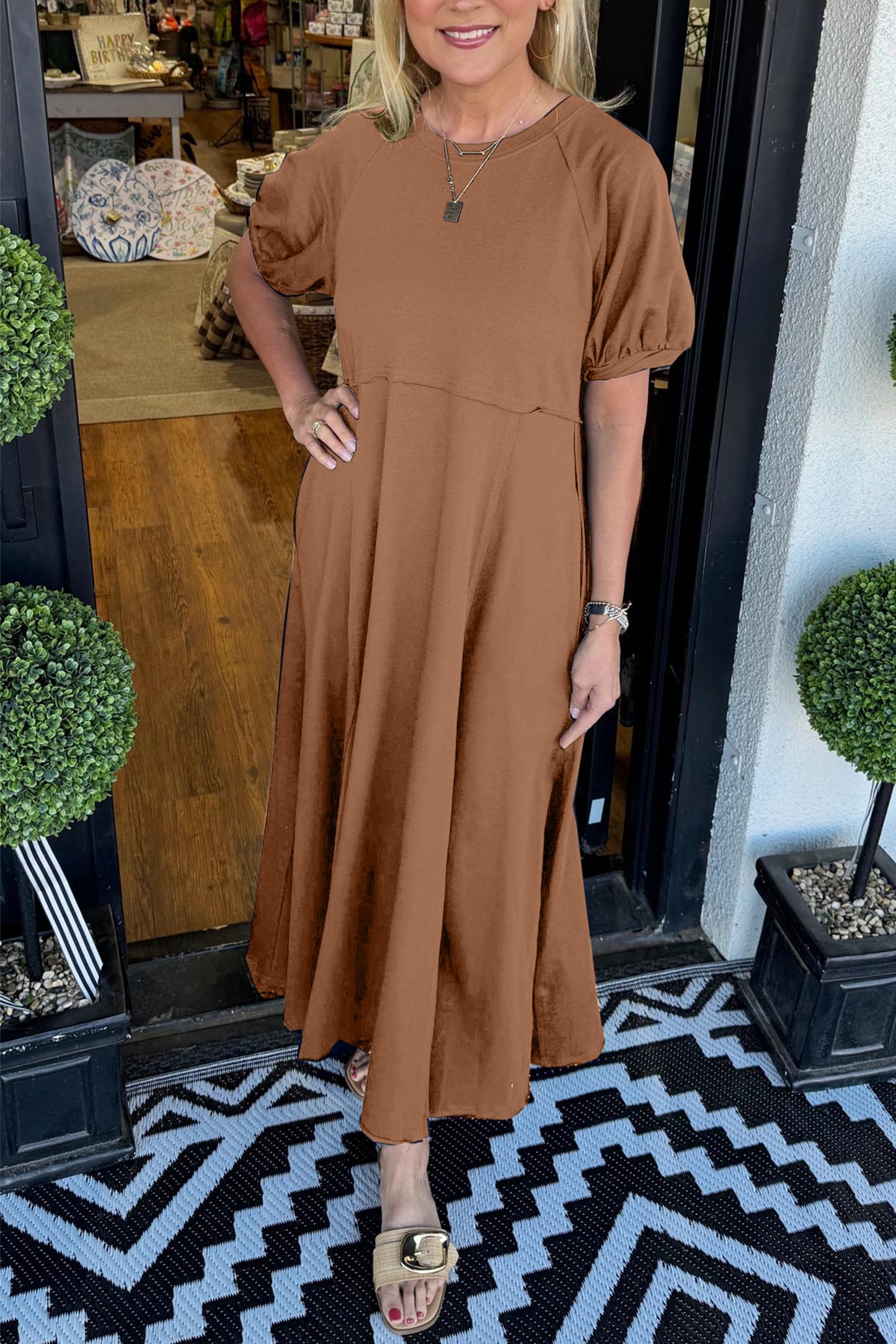 🔥Women's Solid Color Puff Sleeve Round Neck Long Dress(Buy 2 Free Shipping) - Image 12