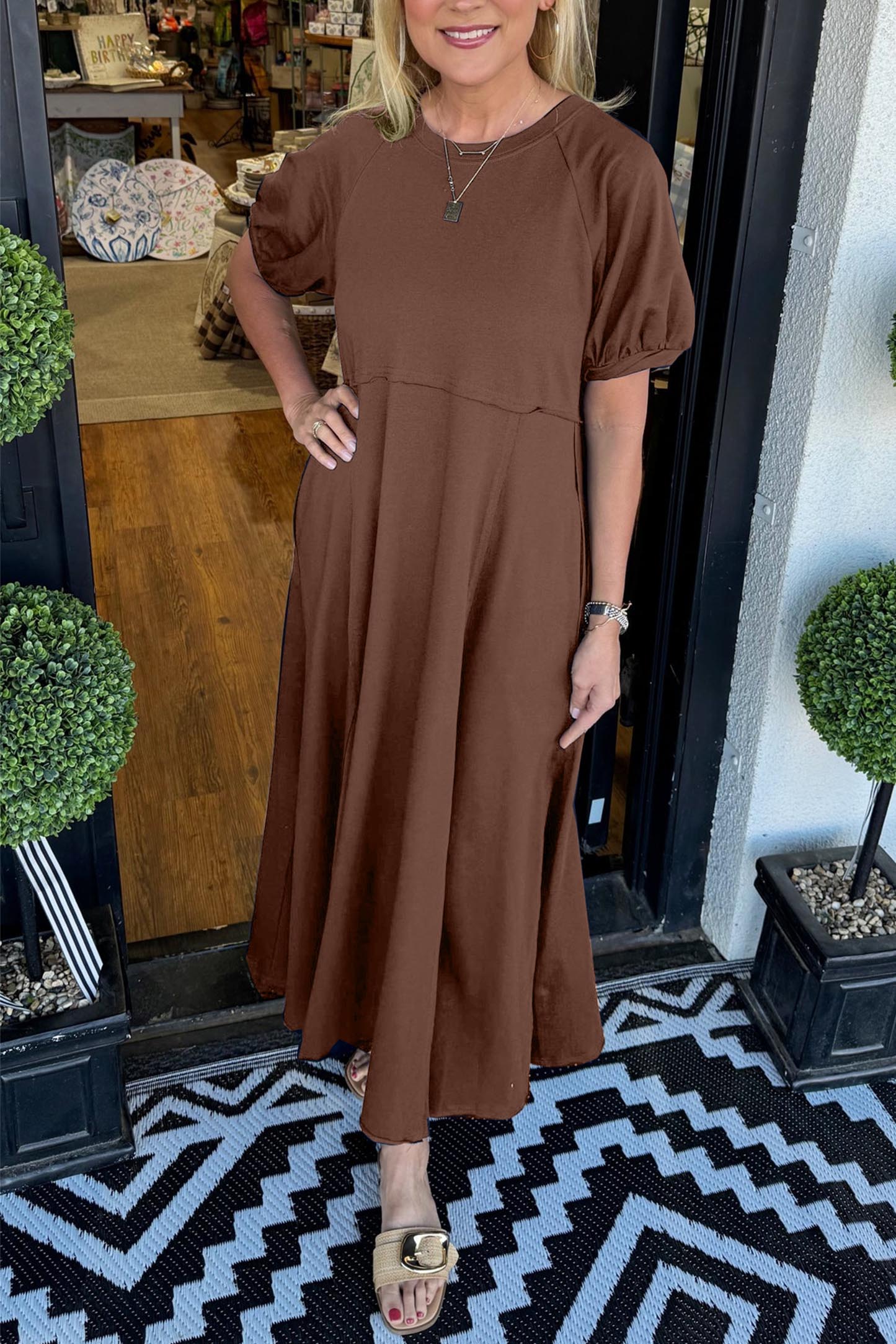 🔥Women's Solid Color Puff Sleeve Round Neck Long Dress(Buy 2 Free Shipping) - Image 2