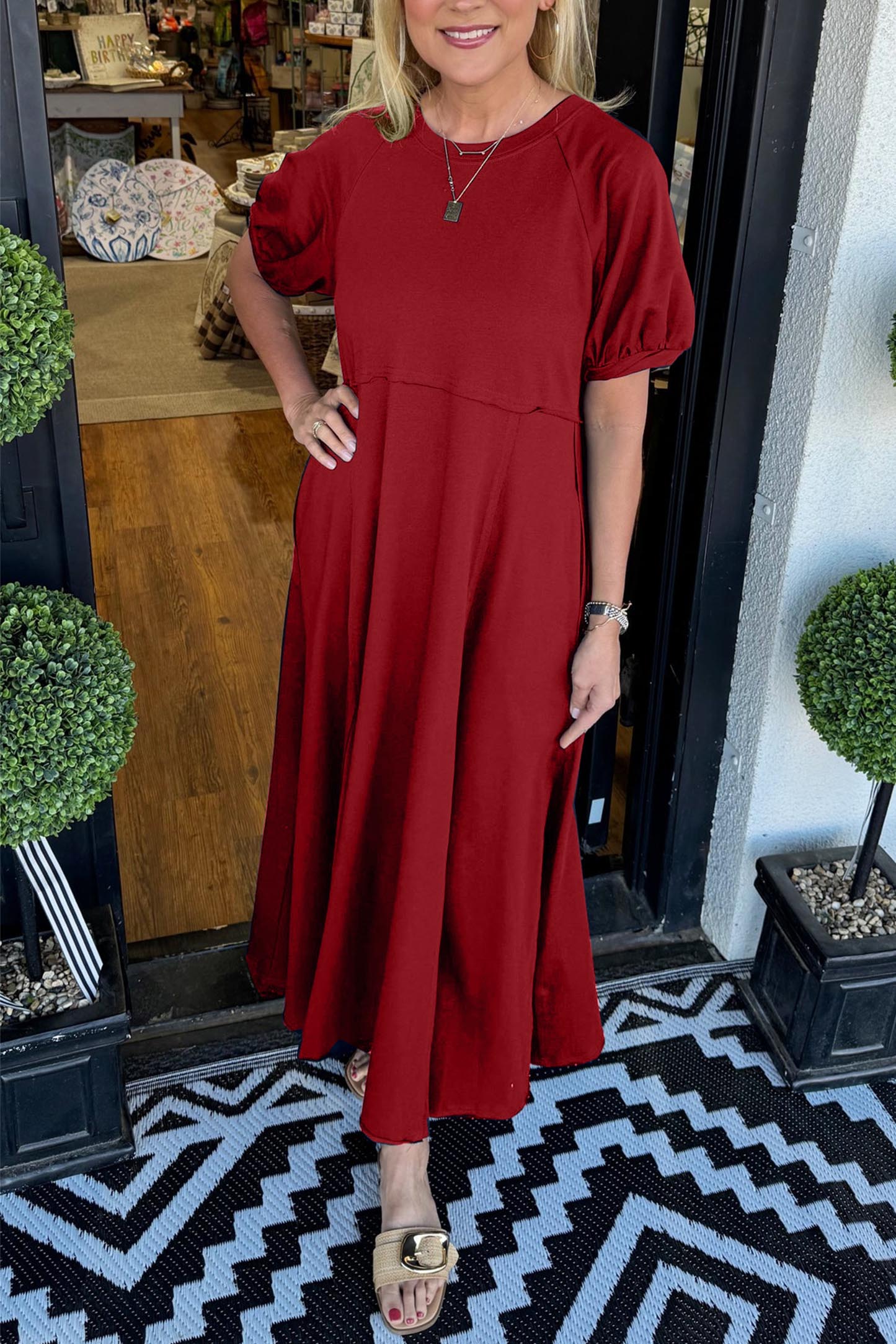 🔥Women's Solid Color Puff Sleeve Round Neck Long Dress(Buy 2 Free Shipping) - Image 3