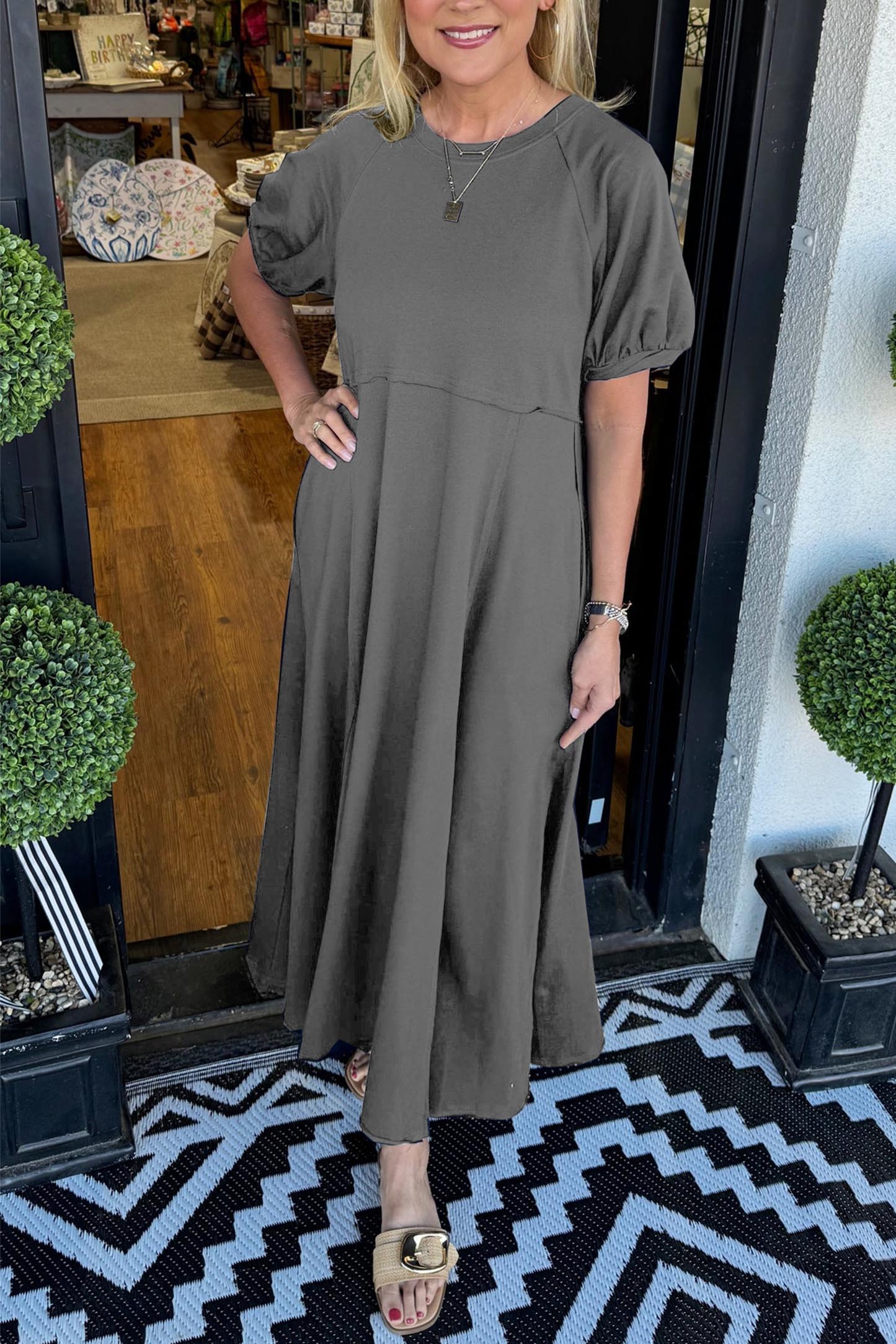 🔥Women's Solid Color Puff Sleeve Round Neck Long Dress(Buy 2 Free Shipping) - Image 4