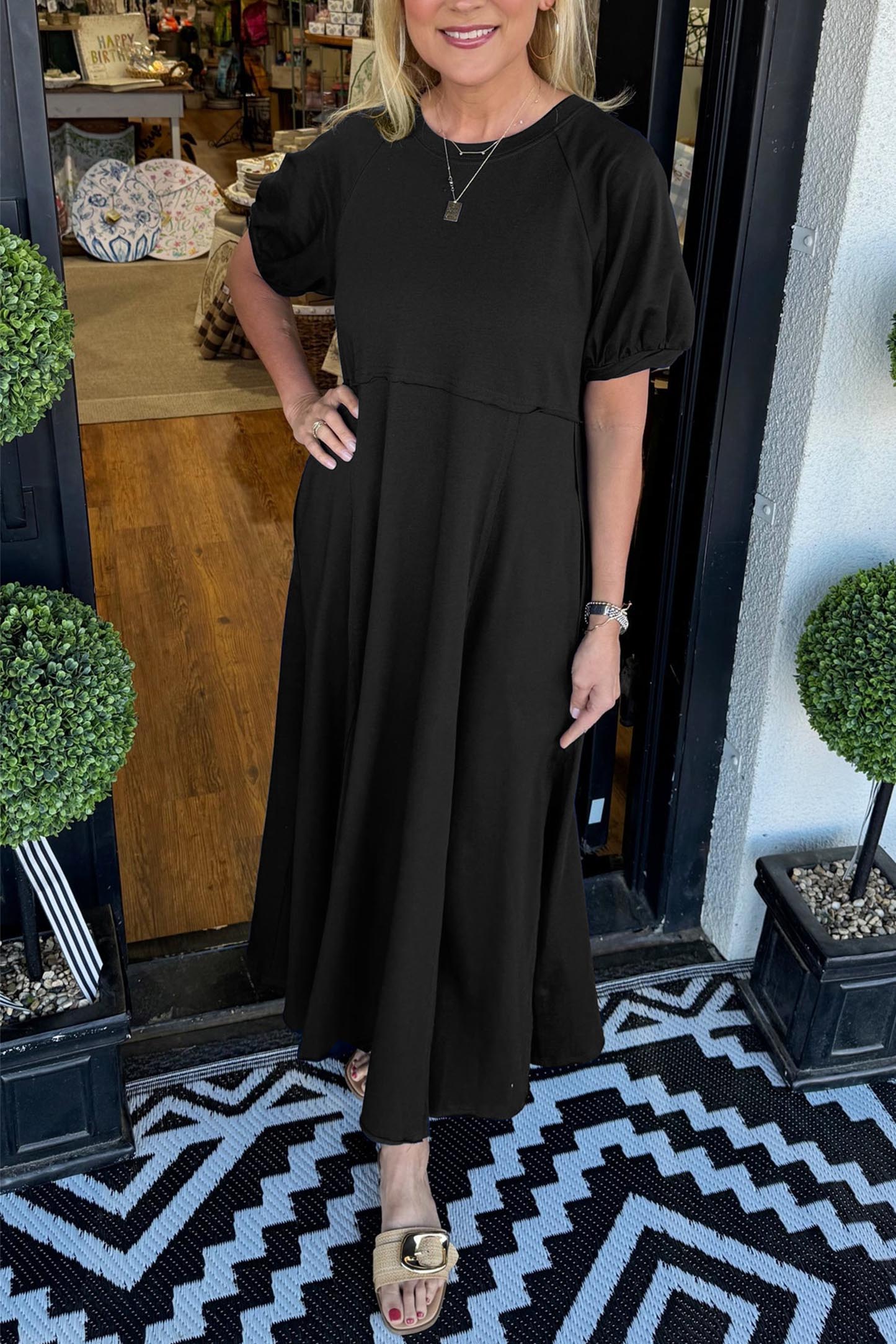 🔥Women's Solid Color Puff Sleeve Round Neck Long Dress(Buy 2 Free Shipping) - Image 9