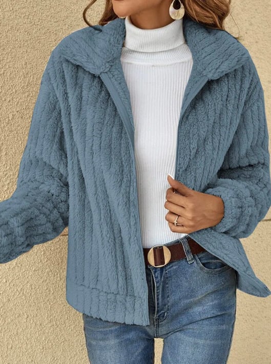Short Jacket Lapel Zipper Winter Coat Warm Plush Fleece Zipper Casual Coat Top - Image 3
