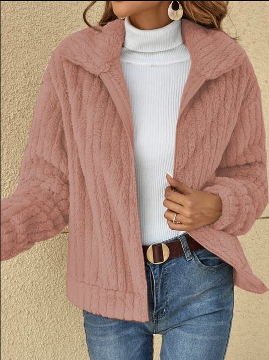 Short Jacket Lapel Zipper Winter Coat Warm Plush Fleece Zipper Casual Coat Top - Image 4