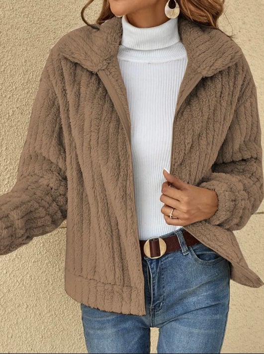 Short Jacket Lapel Zipper Winter Coat Warm Plush Fleece Zipper Casual Coat Top - Image 5
