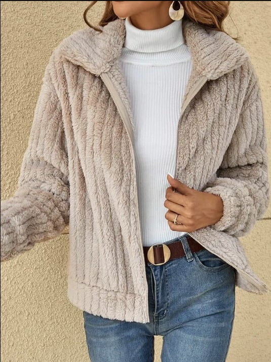 Short Jacket Lapel Zipper Winter Coat Warm Plush Fleece Zipper Casual Coat Top - Image 6